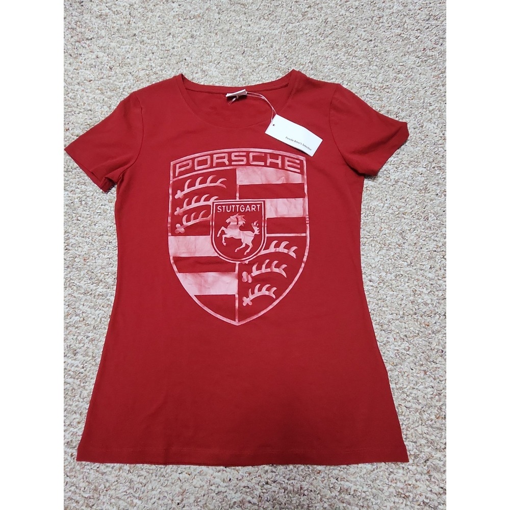 Porsche Drivers Selection Red TShirt Women Fitted L Stuttgart Decal Crest NWT